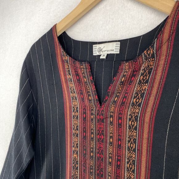 WESTSIDE Tunic M Woolen Kurta Southwestern Striped Split Neck 3/4 Sleeve Black - Picture 2 of 13